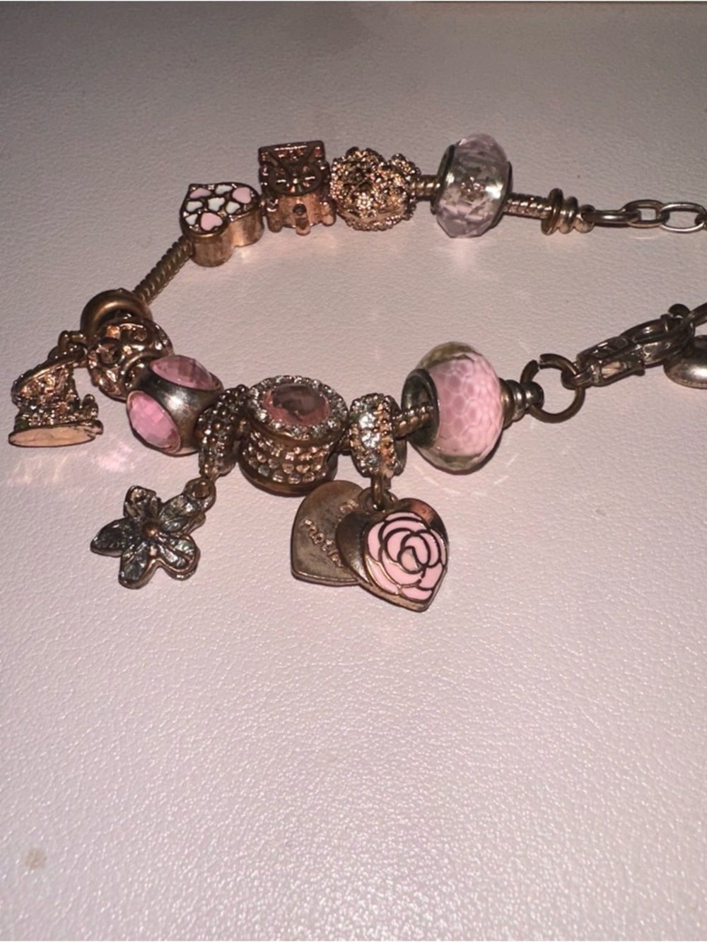 Pandora like Pink Bead and Charm Bracelet with Gold-Tone Accents - Picture 2 of 4